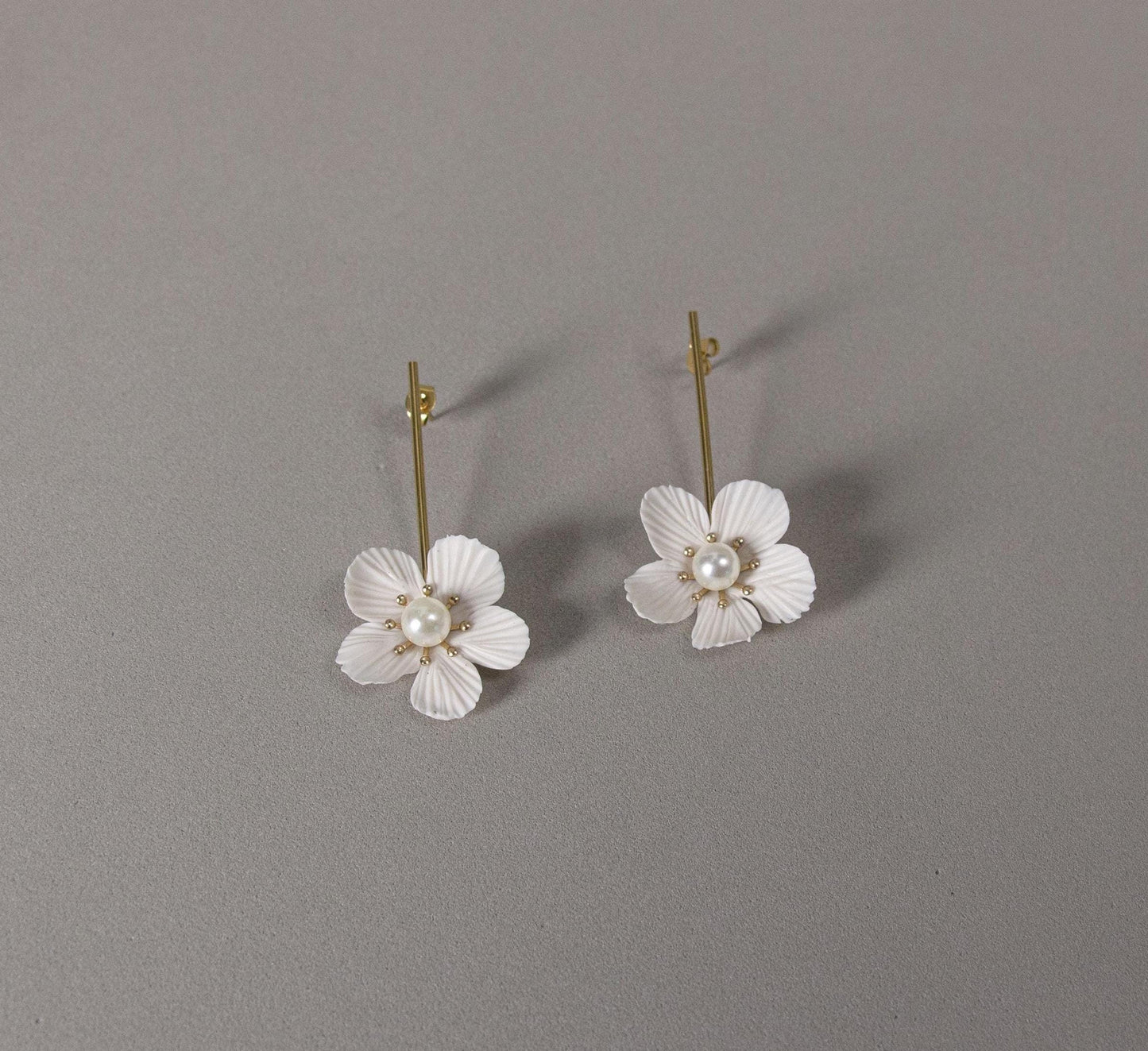 Modern Floral Earrings; White Flower Earrings; Party, Evening, Bridal Jewellery; Porcelain & Pearl Earrings; Gift for Her; Wedding Season;
