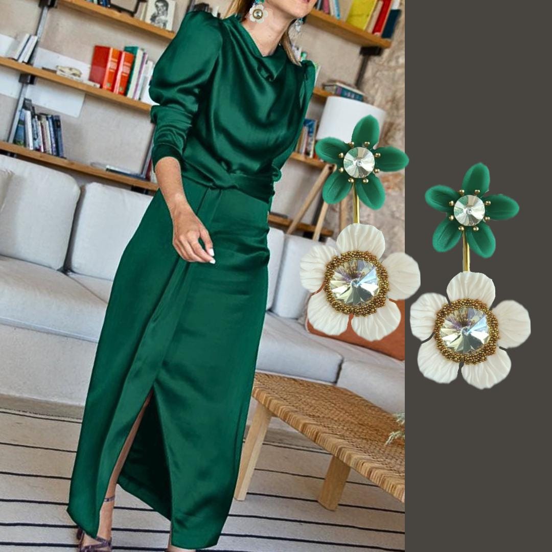 XL Floral Earrings; Green/White Flower Earrings; Party & Evening Jewellery; Porcelain Earrings; Gift for Her; Wedding Season; Xmas Gift