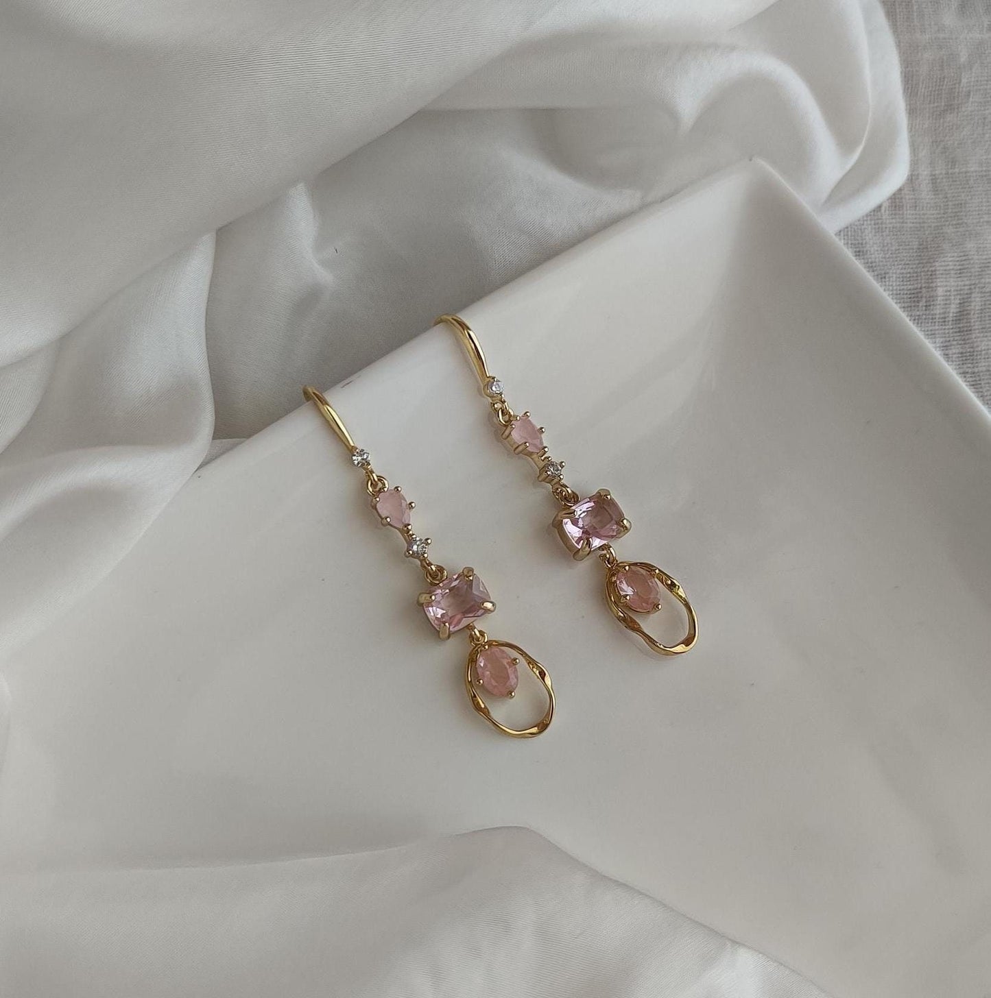 Pastel Pink Crystal Dangle Earrings; Gold Earrings; Statement Earrings; Party Earrings; Gift for her; Wedding Guest Earrings; Long Earrings