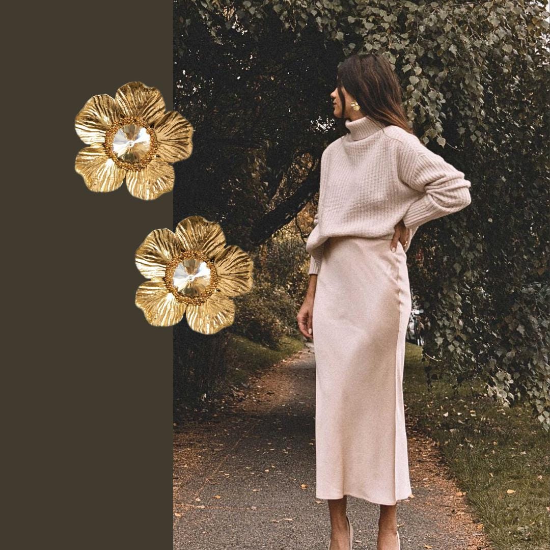 XL Earrings; Golden Flower Earrings; Party/Evening Jewellery; Handmade Porcelain Earrings; Gift for Her; Wedding Season; Xmas gift
