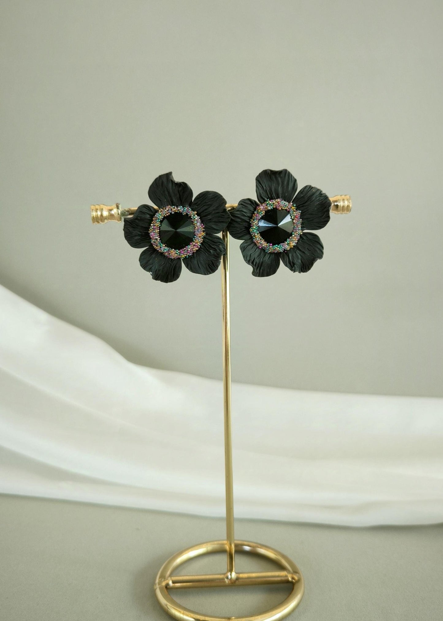 Black Fower XL Earrings; Floral Earrings; Party / Evening Jewellery; Handmade Porcelain Earrings; Gift for Her; Wedding Season; Xmas gift