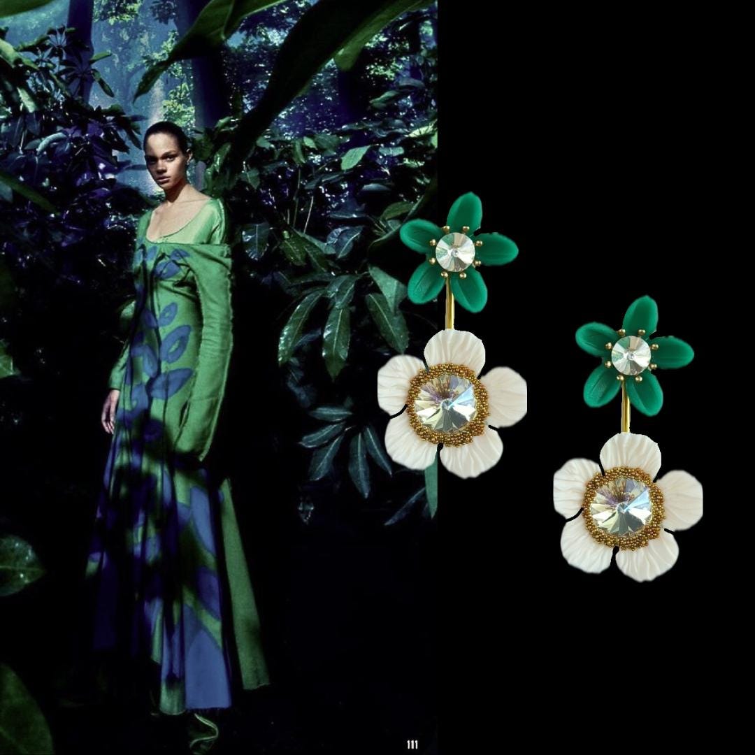 XL Floral Earrings; Green/White Flower Earrings; Party & Evening Jewellery; Porcelain Earrings; Gift for Her; Wedding Season; Xmas Gift