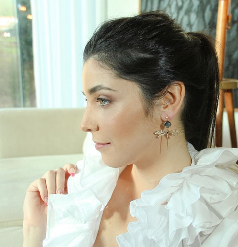 Statement Dangle Earrings; Party Earrings; Gold and Blue Stone Earrings; Dragonfly Earrings; Gift for her; Party and Wedding Guest Earrings;