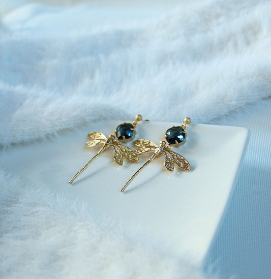 Statement Dangle Earrings; Party Earrings; Gold and Blue Stone Earrings; Dragonfly Earrings; Gift for her; Party and Wedding Guest Earrings;