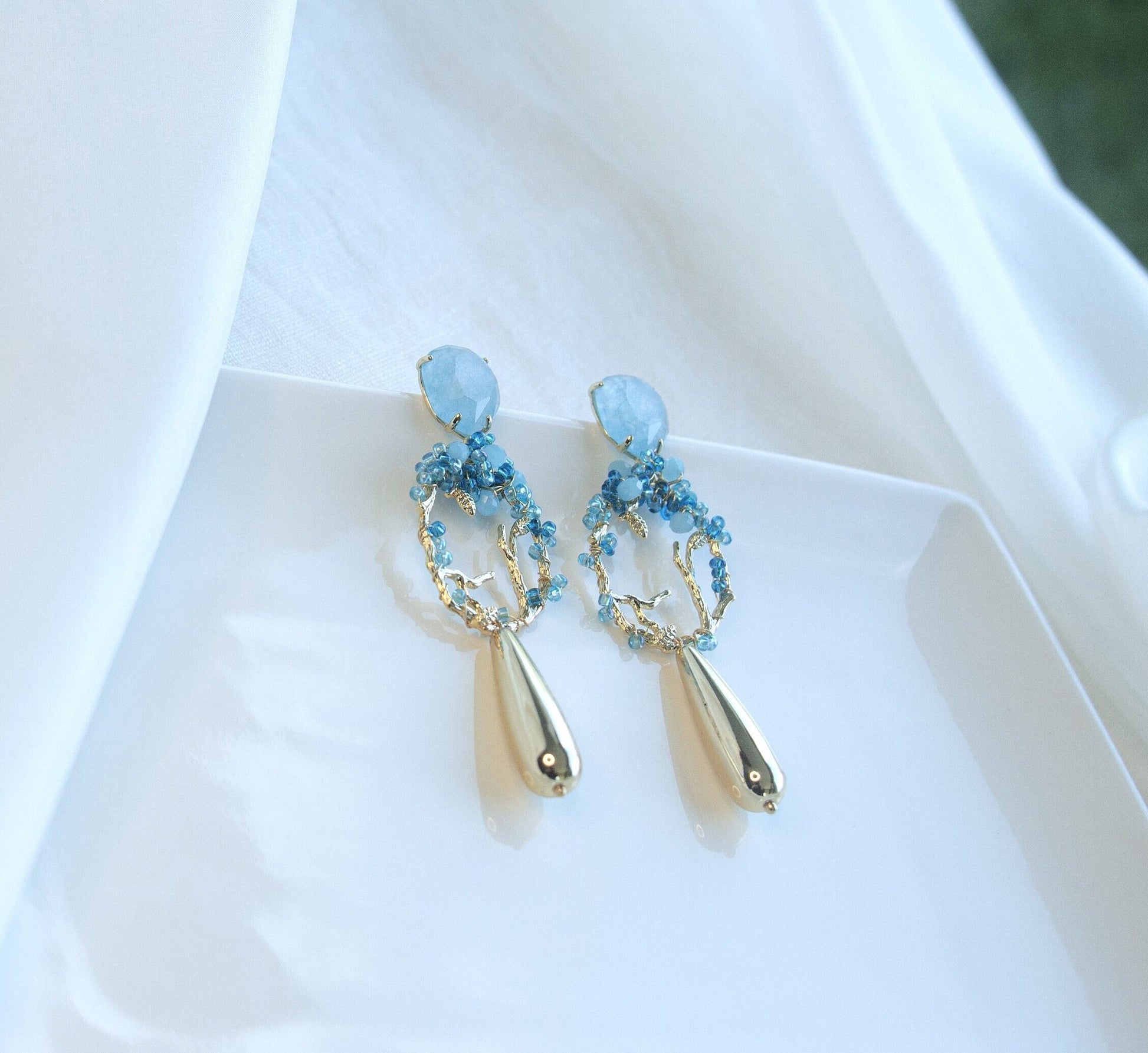 Light Blue Statement Dangle Earrings; Party Earrings; Gold and Blue Stone Earrings; Beads Earrings; Gift for her; Wedding Guest Earrings;