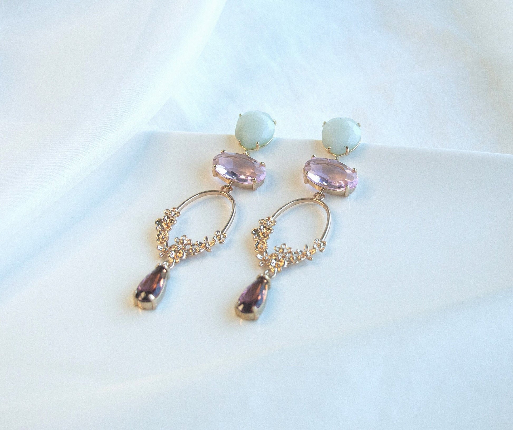 Pastel Statement Dangle Earrings; Gold Earrings; Natural Stone Earrings; Party Earrings; Gift for her;Wedding Guest Earrings;Long Earrings