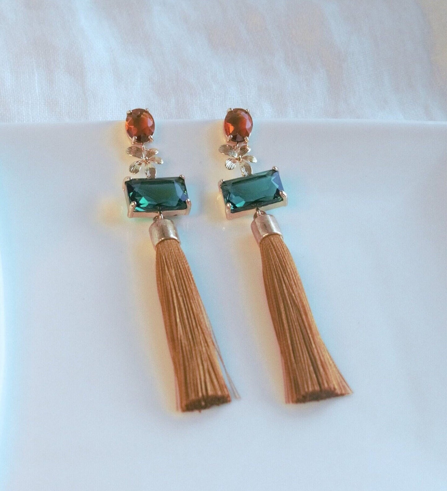 Tassel Statement Earrings; Dangle Earrings; Crystal Earrings; Gold Earrings; Party Earrings; Mustard and Green Earrings; Gift for her