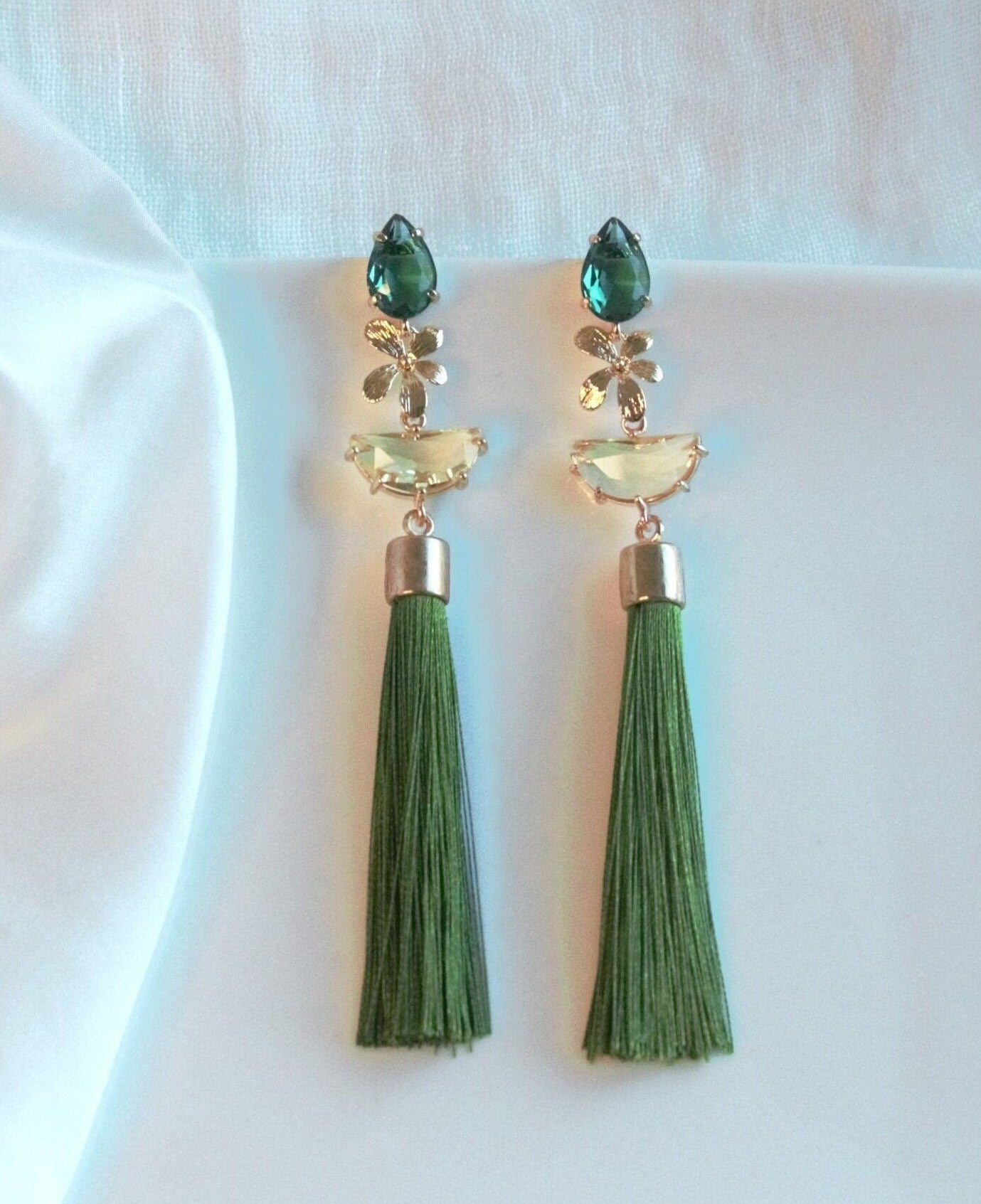 Tassel Statement Earrings; Dangle Earrings; Crystal Earrings; Gold Earrings; Party Earrings; Green Earrings; Gift for her