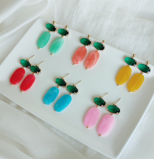 Bright Colors Dangle Earrings; Party Earrings; Wedding Guest Earrings; Gold & Green, Yellow, Pink, Blue, Orange, Red Earrings;Gift for her;