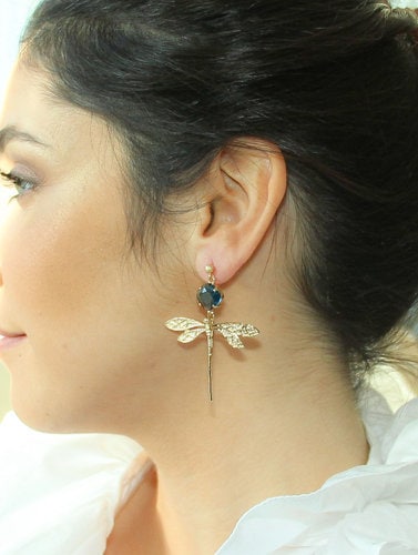Statement Dangle Earrings; Party Earrings; Gold and Blue Stone Earrings; Dragonfly Earrings; Gift for her; Party and Wedding Guest Earrings;