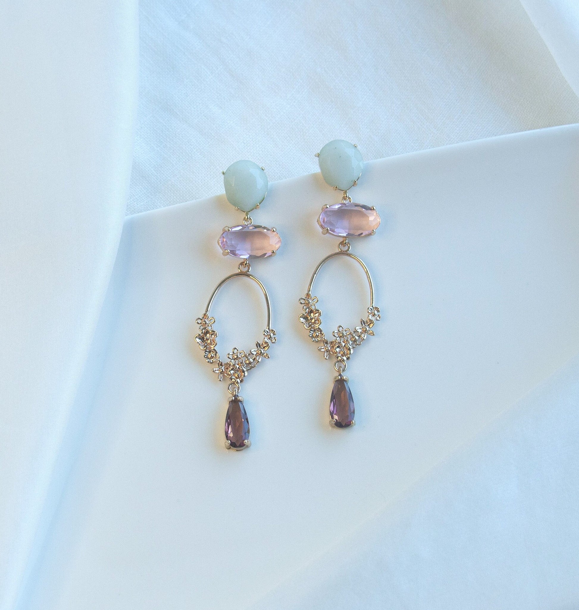 Pastel Statement Dangle Earrings; Gold Earrings; Natural Stone Earrings; Party Earrings; Gift for her;Wedding Guest Earrings;Long Earrings