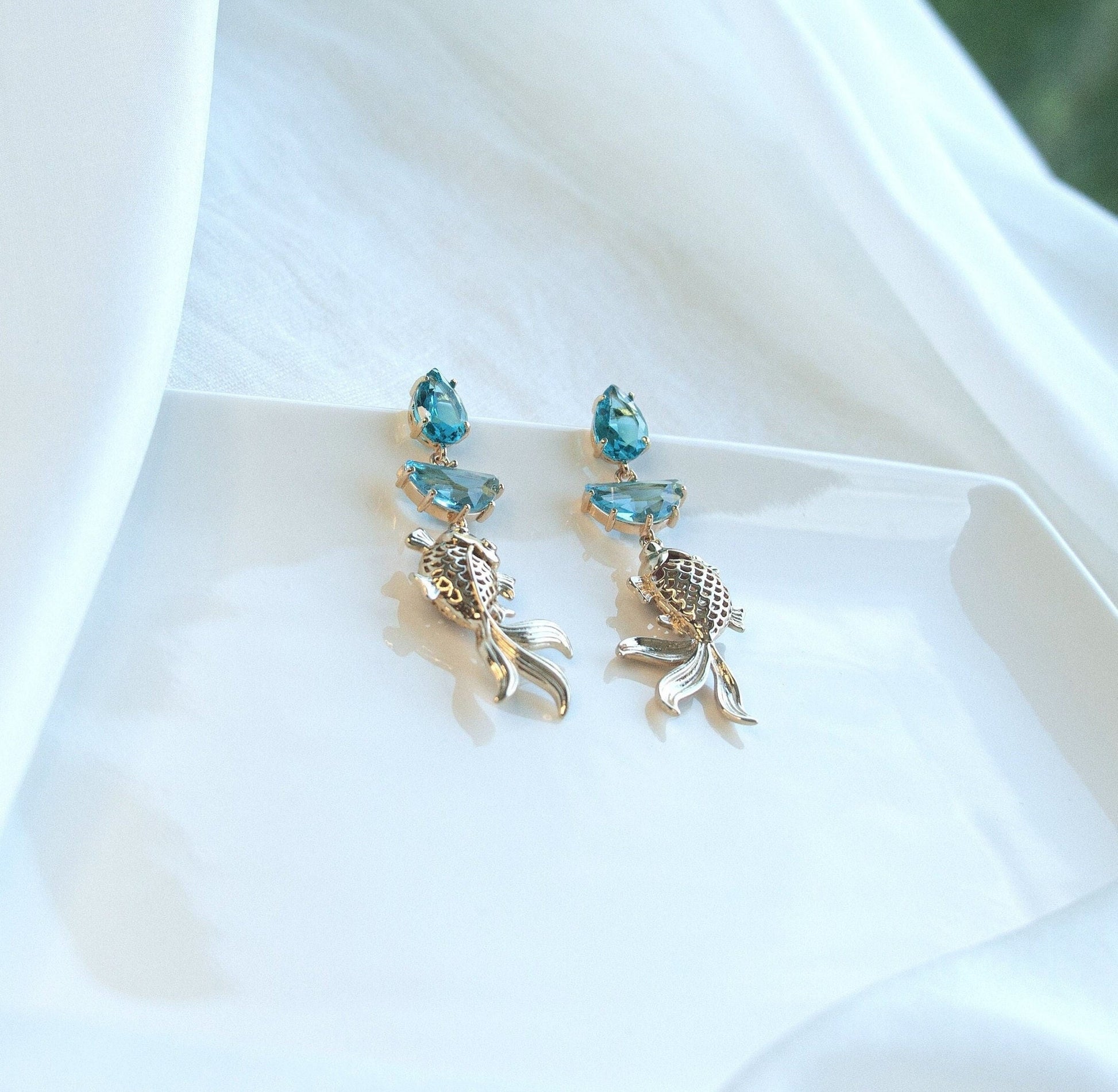 Turquoise Blue Statement Dangle Earrings; Party Earrings; Gold & Blue Stone Earrings; Exotic Earrings; Gift for her; Wedding Guest Earrings;