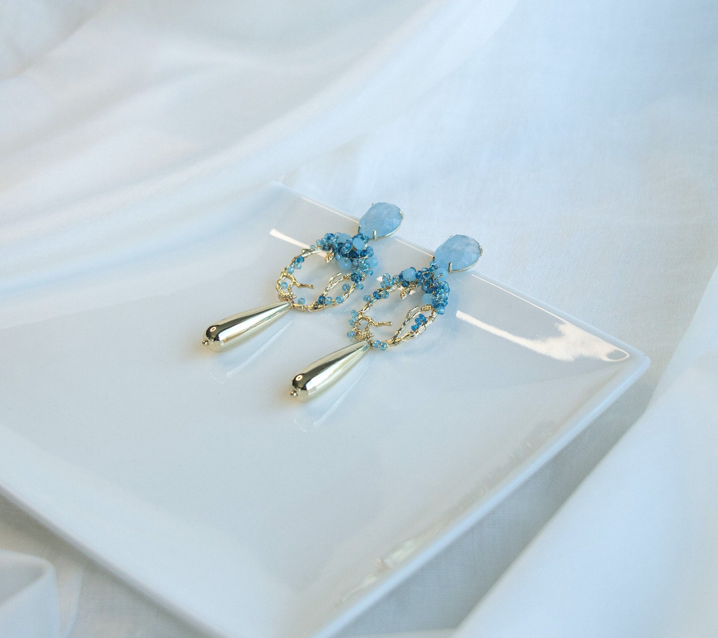 Light Blue Statement Dangle Earrings; Party Earrings; Gold and Blue Stone Earrings; Beads Earrings; Gift for her; Wedding Guest Earrings;