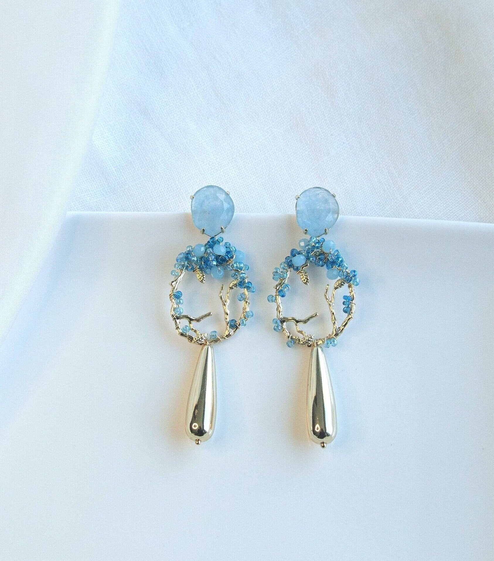 Light Blue Statement Dangle Earrings; Party Earrings; Gold and Blue Stone Earrings; Beads Earrings; Gift for her; Wedding Guest Earrings;