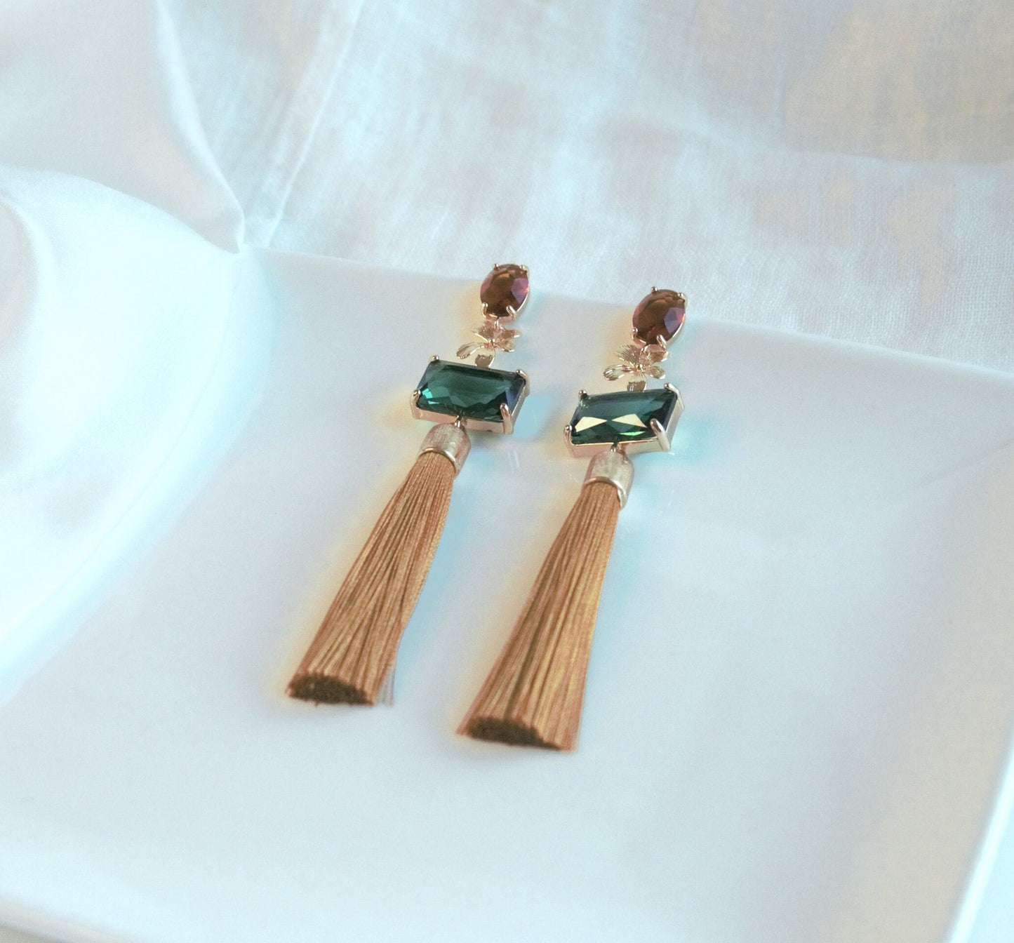 Tassel Statement Earrings; Dangle Earrings; Crystal Earrings; Gold Earrings; Party Earrings; Mustard and Green Earrings; Gift for her