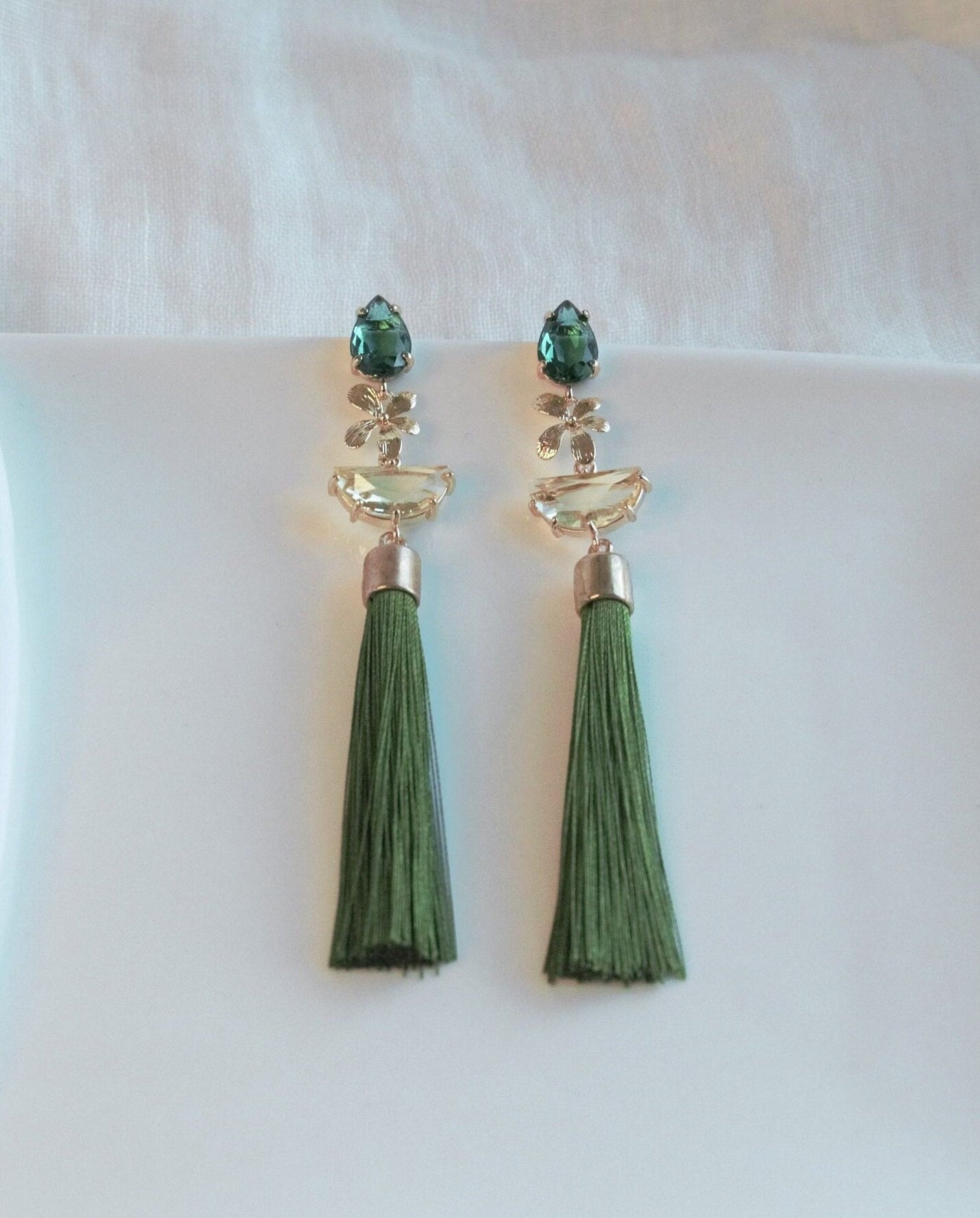 Tassel Statement Earrings; Dangle Earrings; Crystal Earrings; Gold Earrings; Party Earrings; Green Earrings; Gift for her