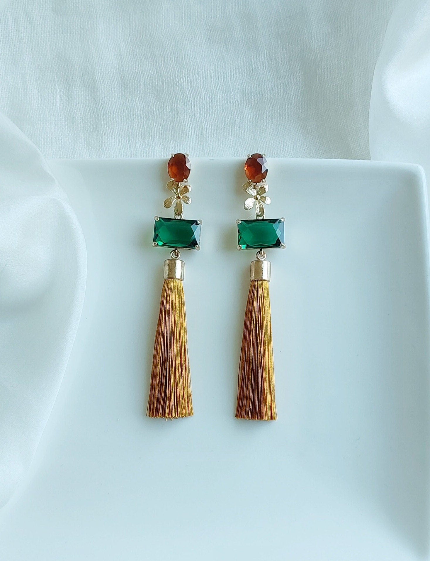 Tassel Statement Earrings; Dangle Earrings; Crystal Earrings; Gold Earrings; Party Earrings; Mustard and Green Earrings; Gift for her