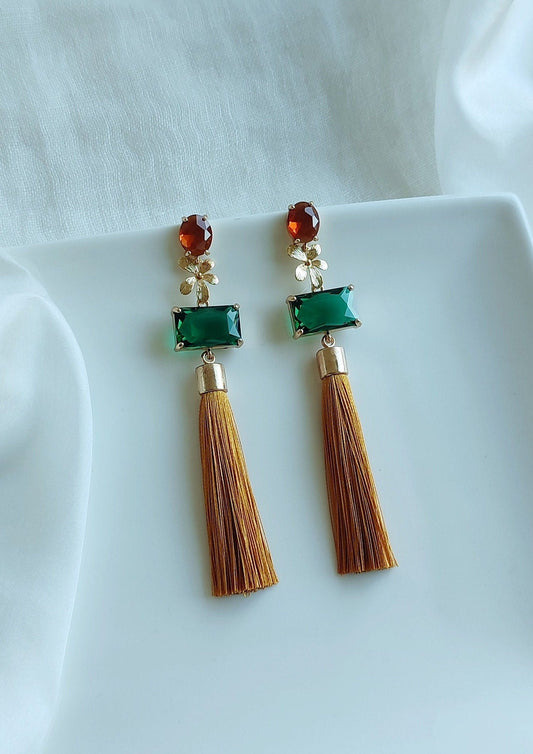 Tassel Statement Earrings; Dangle Earrings; Crystal Earrings; Gold Earrings; Party Earrings; Mustard and Green Earrings; Gift for her