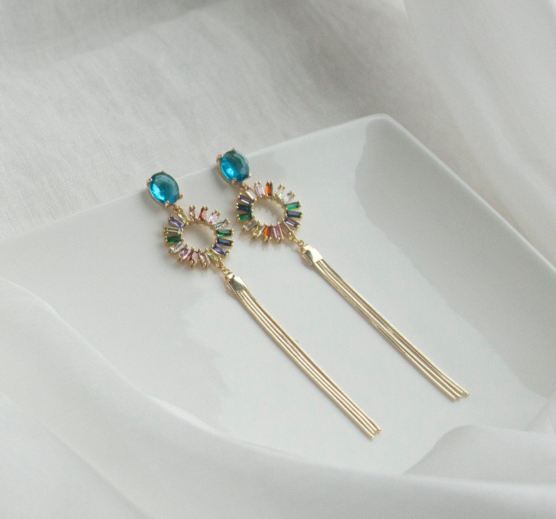 Multi-colour Statement Dangle Earrings; Crystal Earrings; Wedding Earrings; Party Earrings; Coloured Earrings; Chain Earrings; Gift for her