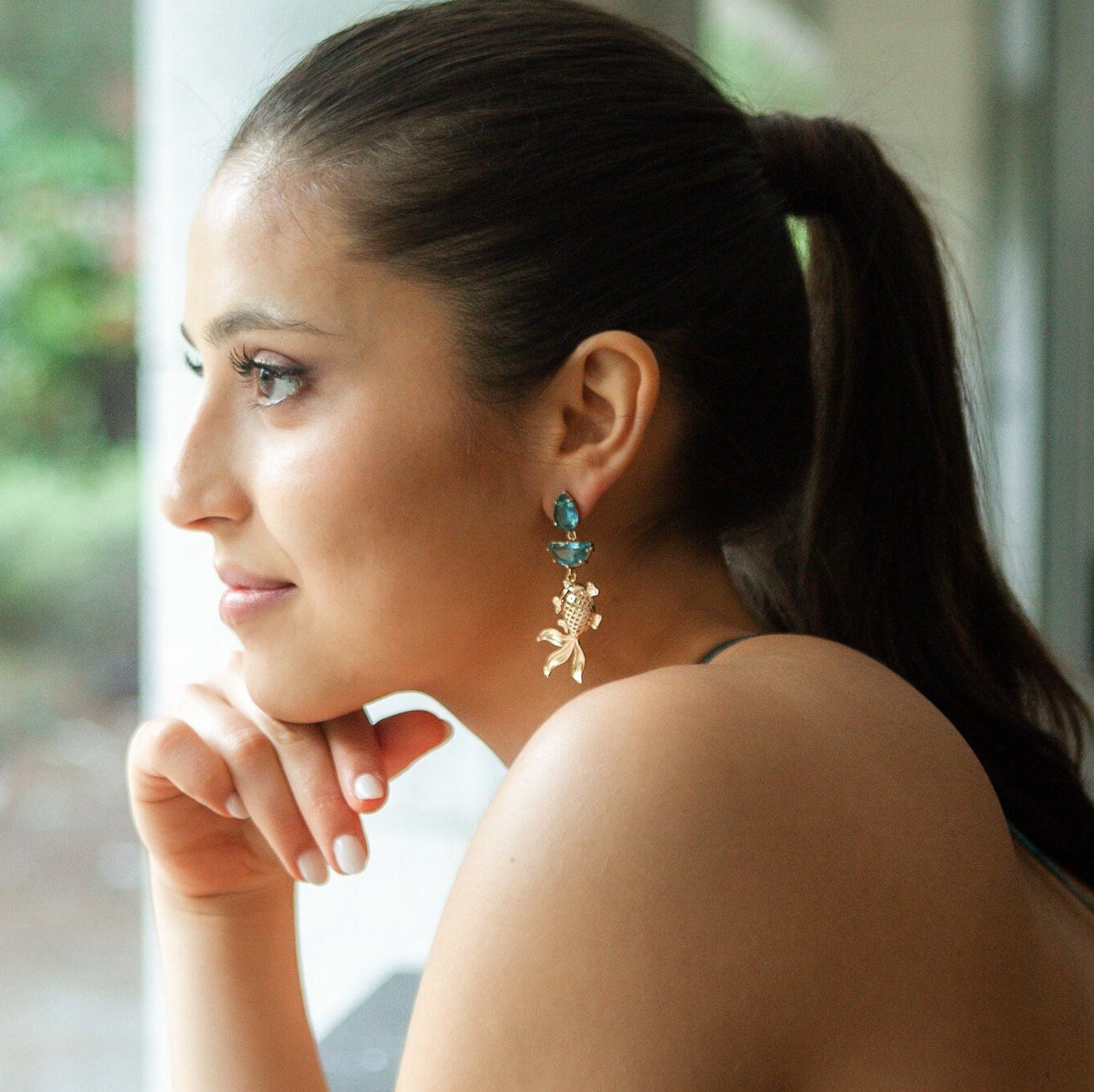 Turquoise Blue Statement Dangle Earrings; Party Earrings; Gold & Blue Stone Earrings; Exotic Earrings; Gift for her; Wedding Guest Earrings;