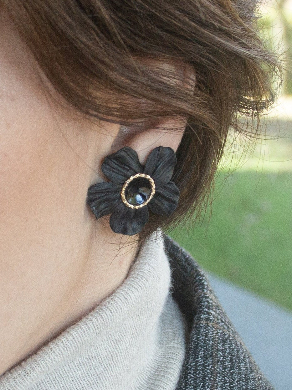 Black Statement Earrings; Party Earrings; Gold and Black Earrings; Porcelain Earrings; Floral Earrings; Gift for her; Large Earrings;