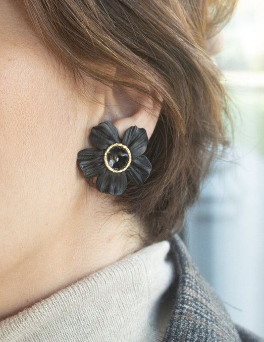Black Statement Earrings; Party Earrings; Gold and Black Earrings; Porcelain Earrings; Floral Earrings; Gift for her; Large Earrings;