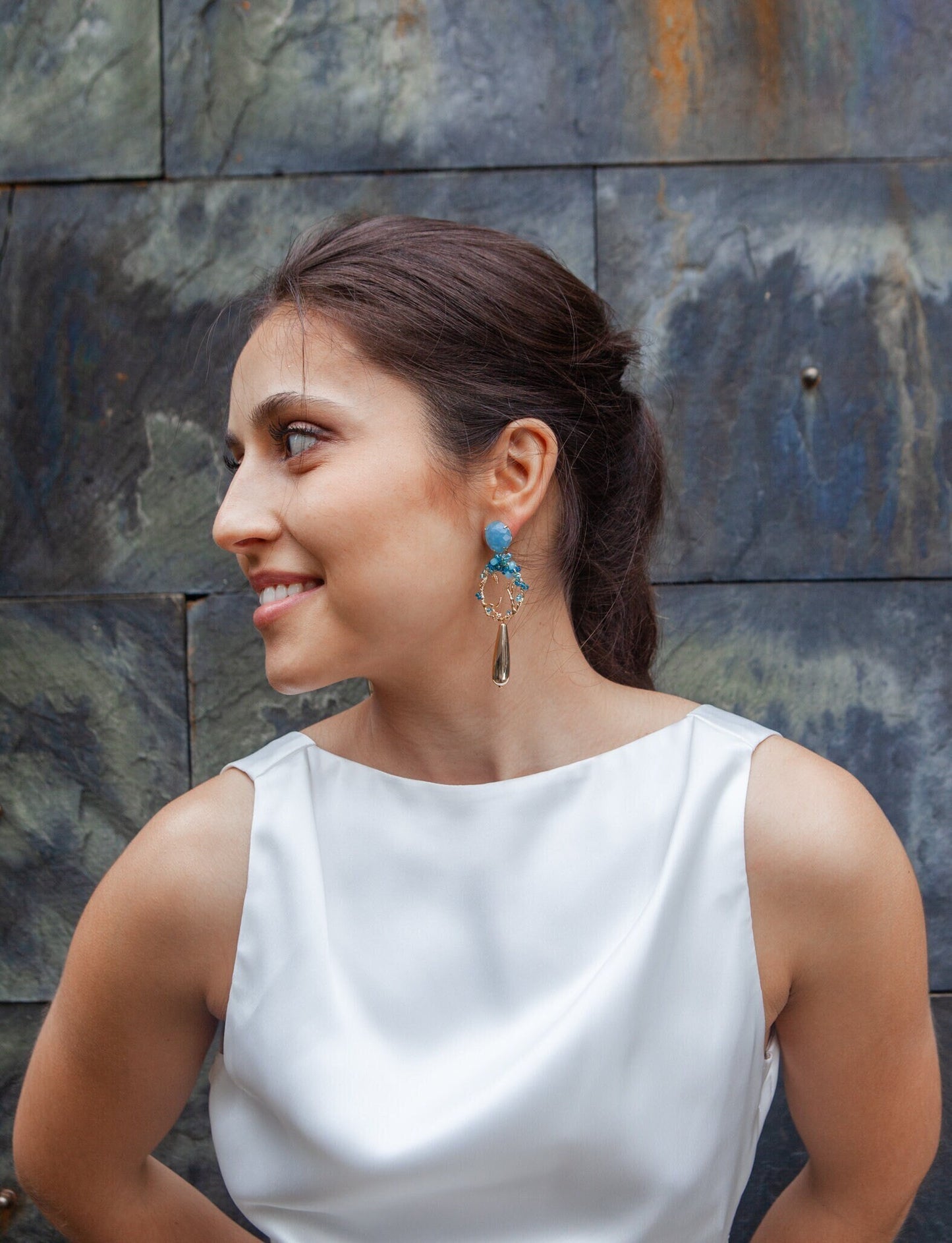 Light Blue Statement Dangle Earrings; Party Earrings; Gold and Blue Stone Earrings; Beads Earrings; Gift for her; Wedding Guest Earrings;