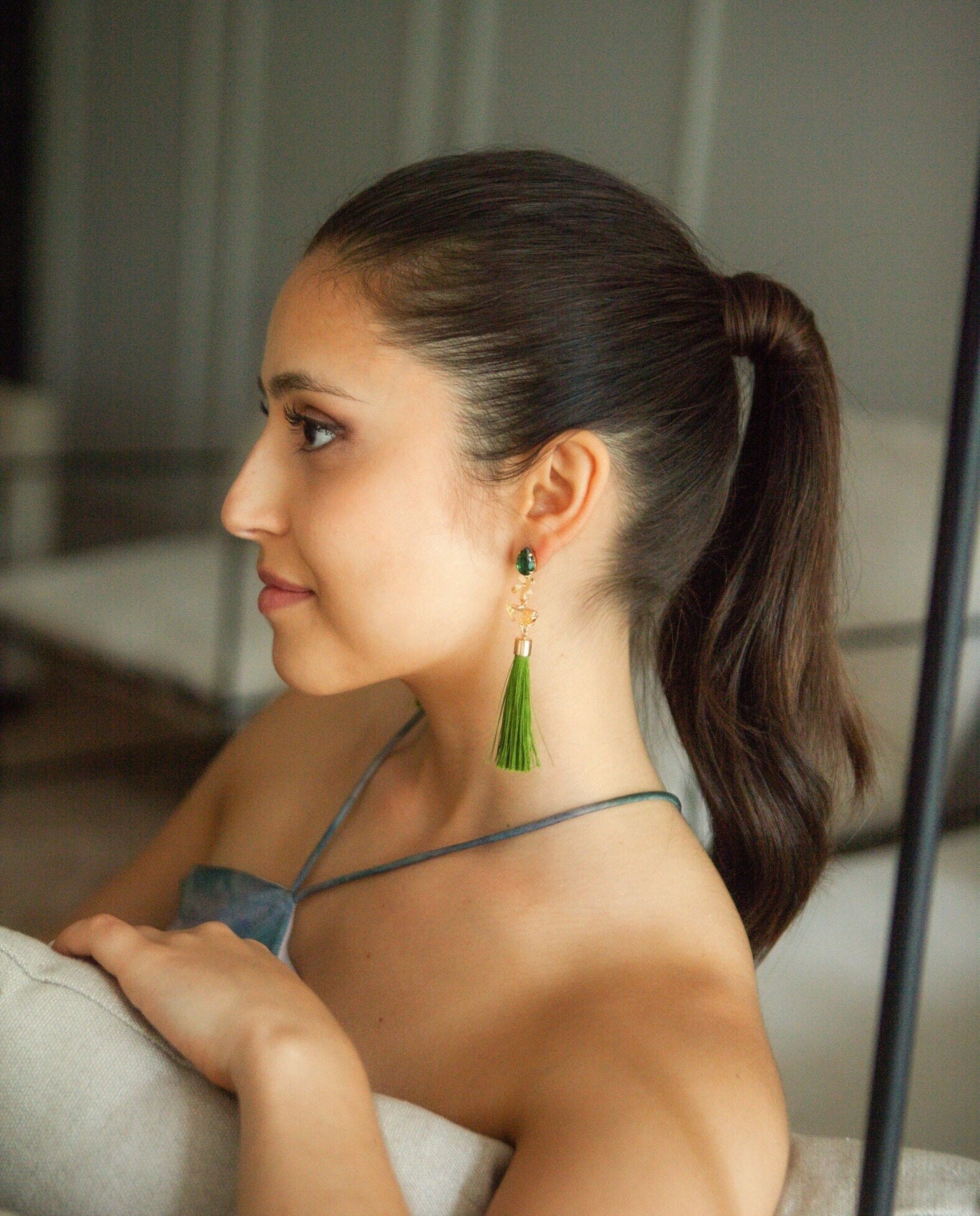 Tassel Statement Earrings; Dangle Earrings; Crystal Earrings; Gold Earrings; Party Earrings; Green Earrings; Gift for her