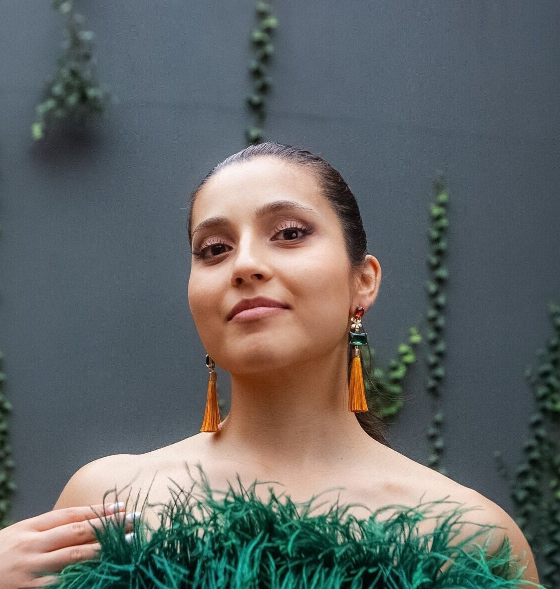 Tassel Statement Earrings; Dangle Earrings; Crystal Earrings; Gold Earrings; Party Earrings; Mustard and Green Earrings; Gift for her
