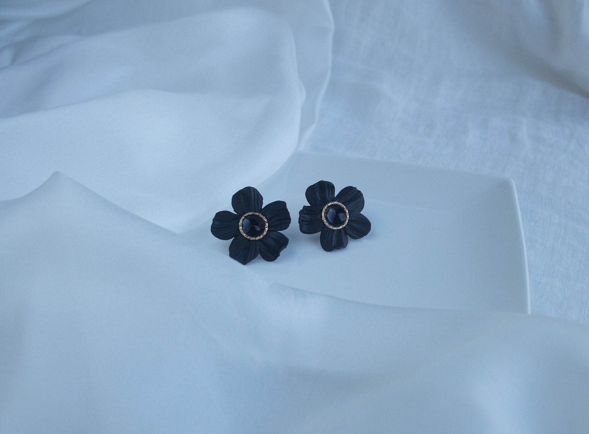 Black Statement Earrings; Party Earrings; Gold and Black Earrings; Porcelain Earrings; Floral Earrings; Gift for her; Large Earrings;
