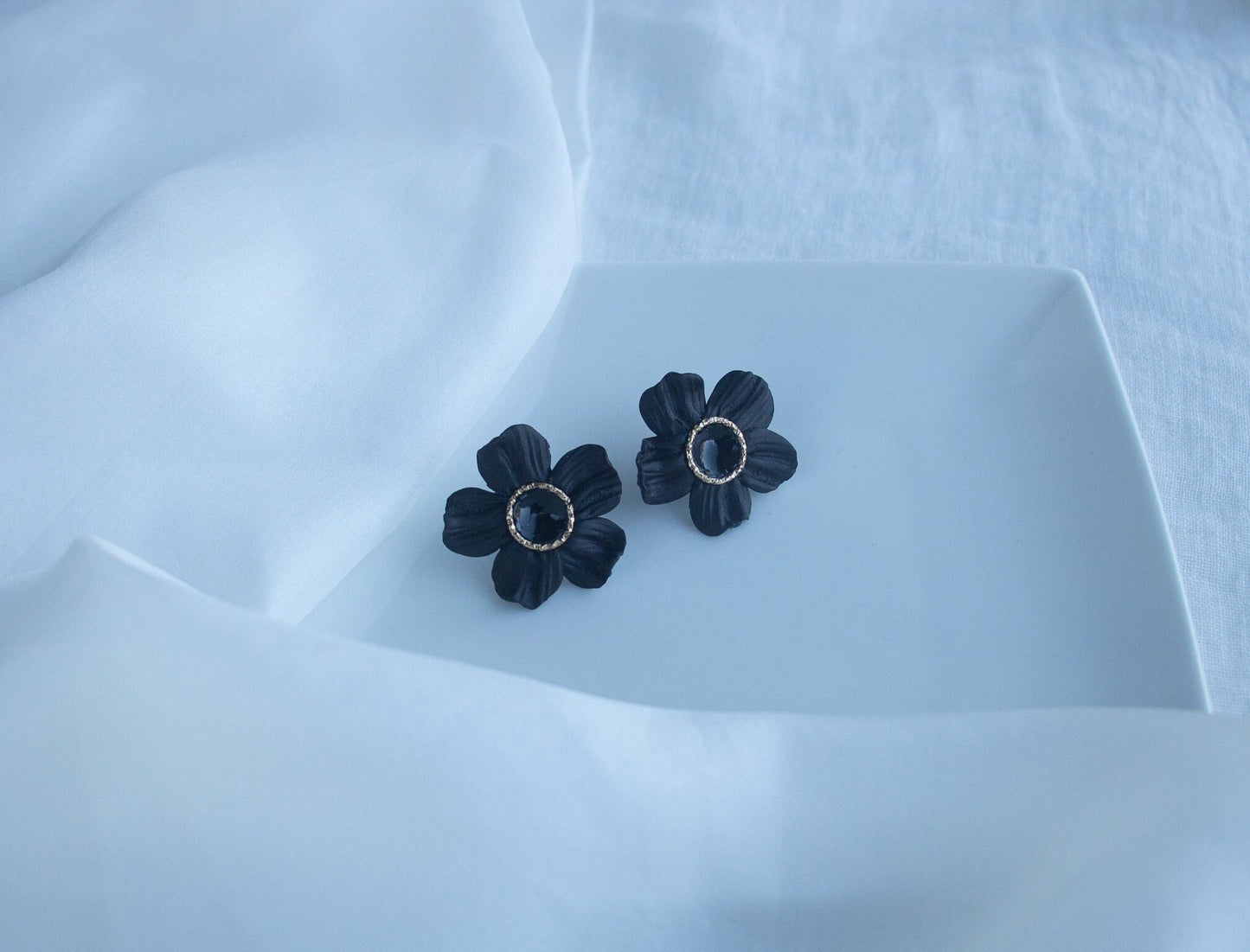 Black Statement Earrings; Party Earrings; Gold and Black Earrings; Porcelain Earrings; Floral Earrings; Gift for her; Large Earrings;