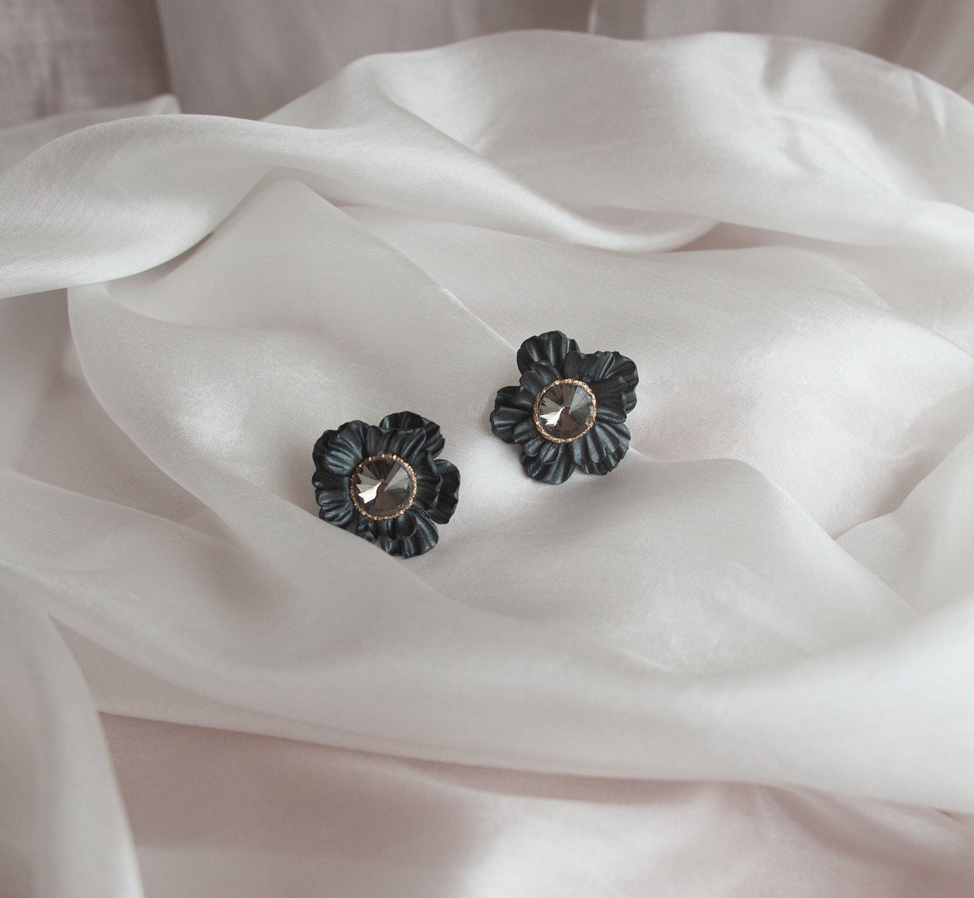 Anthracite Statement Earrings; Party Earrings; Gold and Balck Earrings; Porcelain Earrings; Floral Earrings; Gift for her; Crystal Earrings;