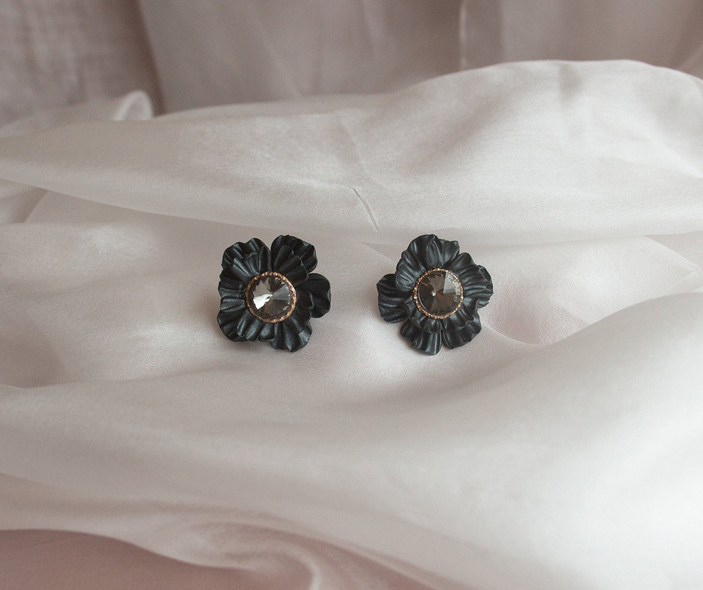 Anthracite Statement Earrings; Party Earrings; Gold and Balck Earrings; Porcelain Earrings; Floral Earrings; Gift for her; Crystal Earrings;