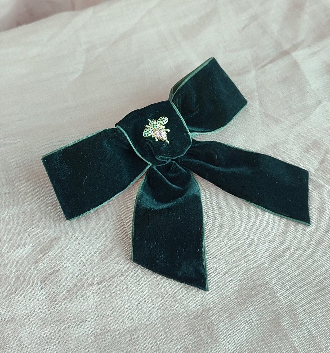 Black Velvet Hair Bow; Hair Acessory; Bee Hair Acessory; Cubic Zirconia stones Hair Clip; Hair Bow Clip; Short Tail Bow; Gift for Her