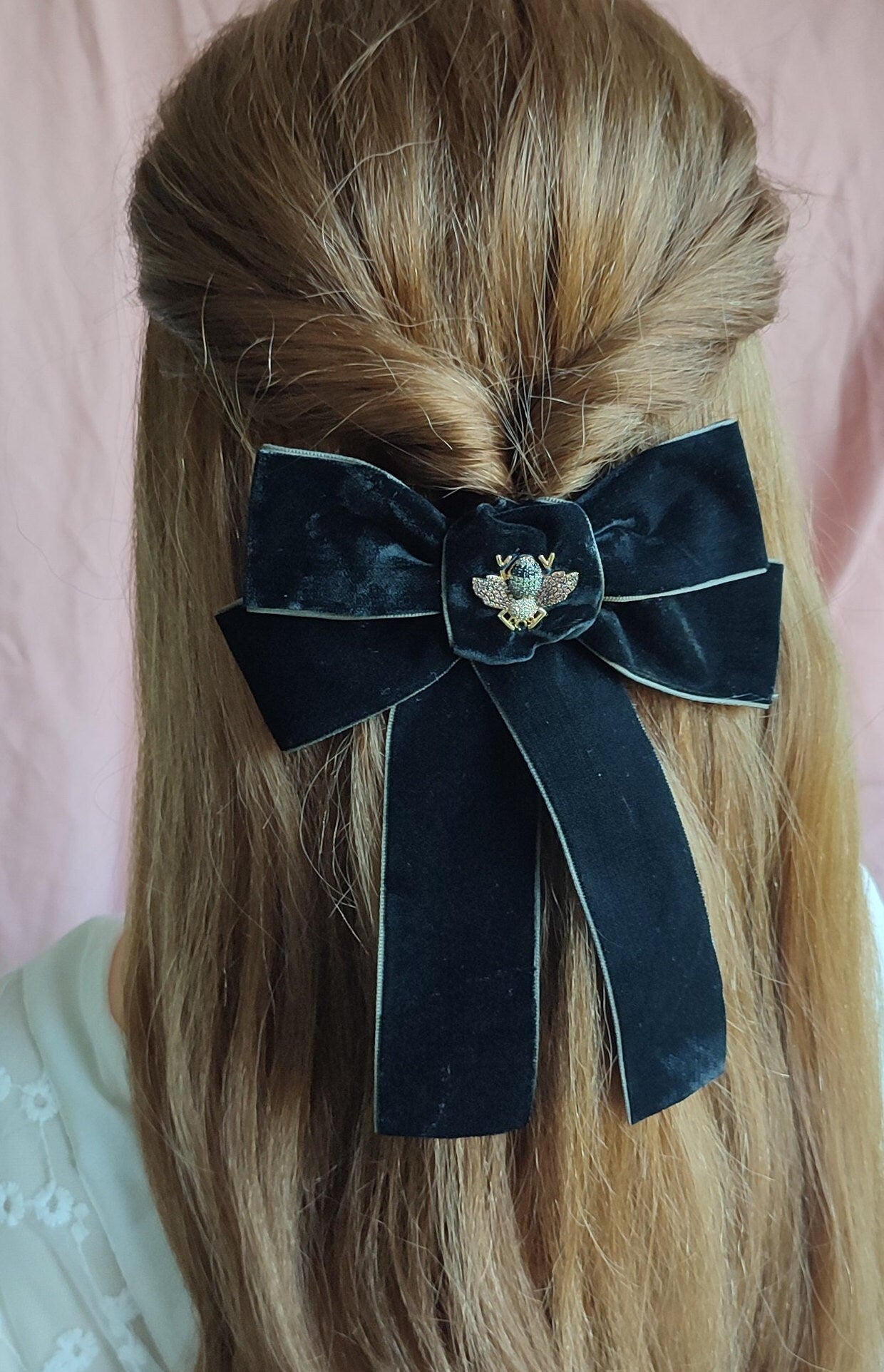 Black Velvet Hair Bow; Hair Acessory; Bee Hair Acessory; Cubic Zirconia stones Hair Clip; Hair Bow Clip; Double Bow; Gift for Her