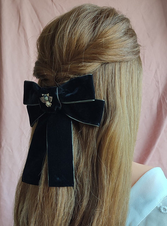 Black Velvet Hair Bow; Hair Acessory; Bee Hair Acessory; Cubic Zirconia stones Hair Clip; Hair Bow Clip; Double Bow; Gift for Her