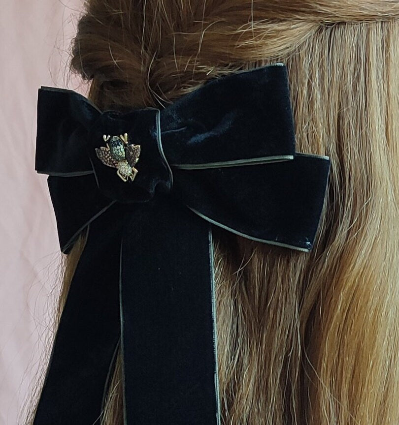 Black Velvet Hair Bow; Hair Acessory; Bee Hair Acessory; Cubic Zirconia stones Hair Clip; Hair Bow Clip; Double Bow; Gift for Her