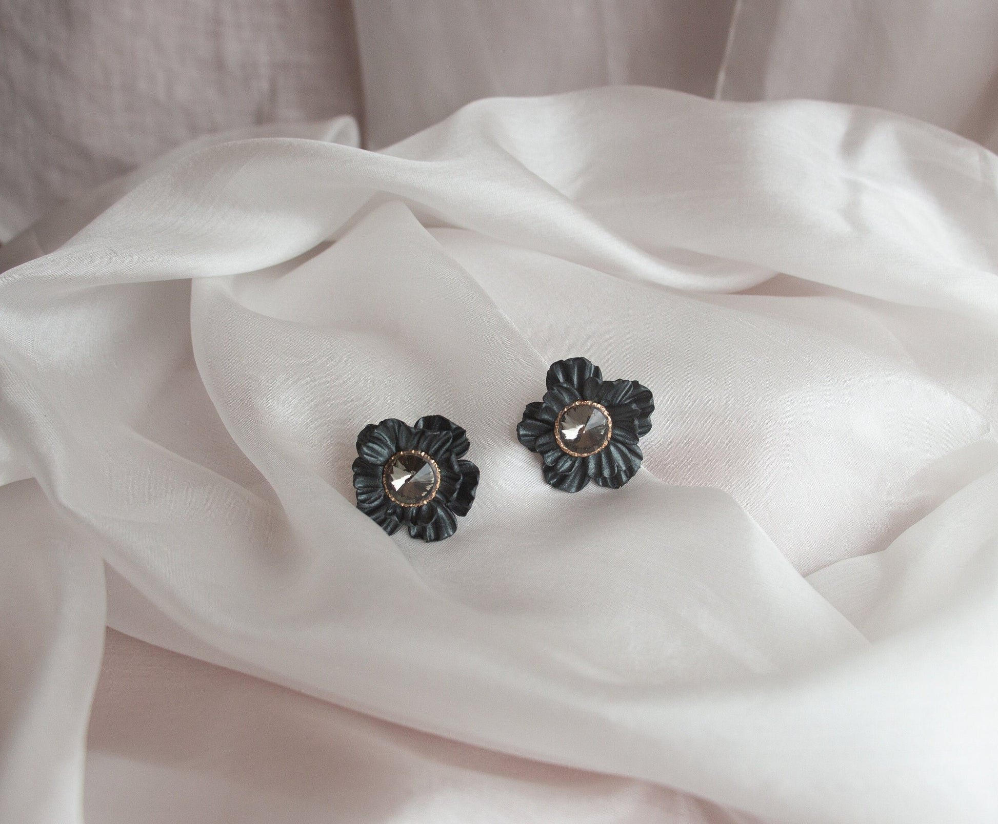 Anthracite Statement Earrings; Party Earrings; Gold and Balck Earrings; Porcelain Earrings; Floral Earrings; Gift for her; Crystal Earrings;