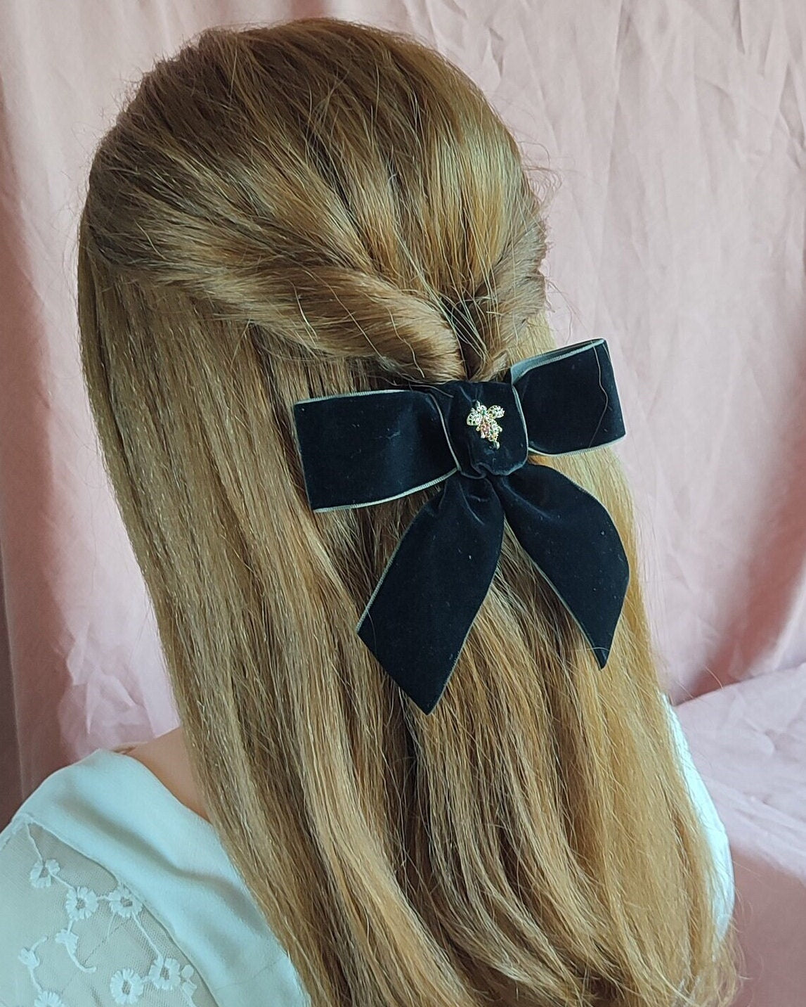Black Velvet Hair Bow; Hair Acessory; Bee Hair Acessory; Cubic Zirconia stones Hair Clip; Hair Bow Clip; Short Tail Bow; Gift for Her