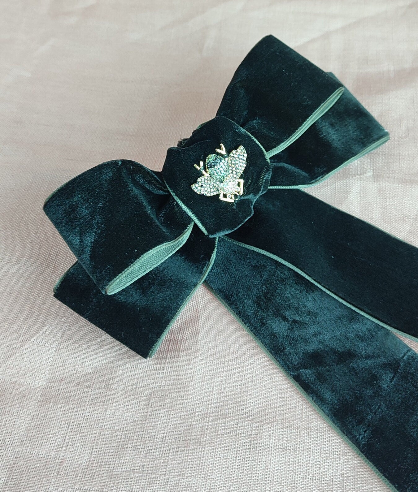 Black Velvet Hair Bow; Hair Acessory; Bee Hair Acessory; Cubic Zirconia stones Hair Clip; Hair Bow Clip; Double Bow; Gift for Her