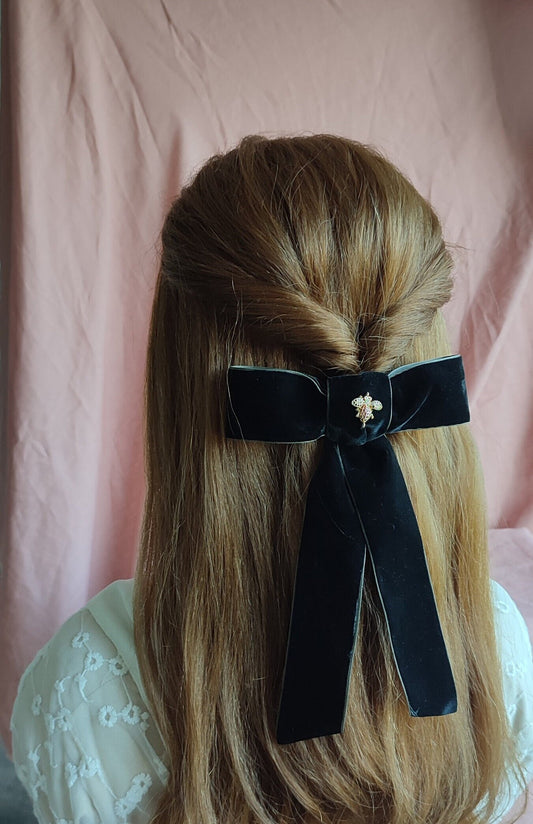 Black Velvet Hair Bow; Hair Acessory; Bee Hair Acessory; Cubic Zirconia stones Hair Clip; Hair Bow Clip; Long Tail Bow; Gift for Her