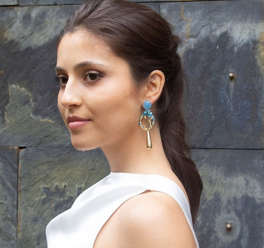 Light Blue Statement Dangle Earrings; Party Earrings; Gold and Blue Stone Earrings; Beads Earrings; Gift for her; Wedding Guest Earrings;