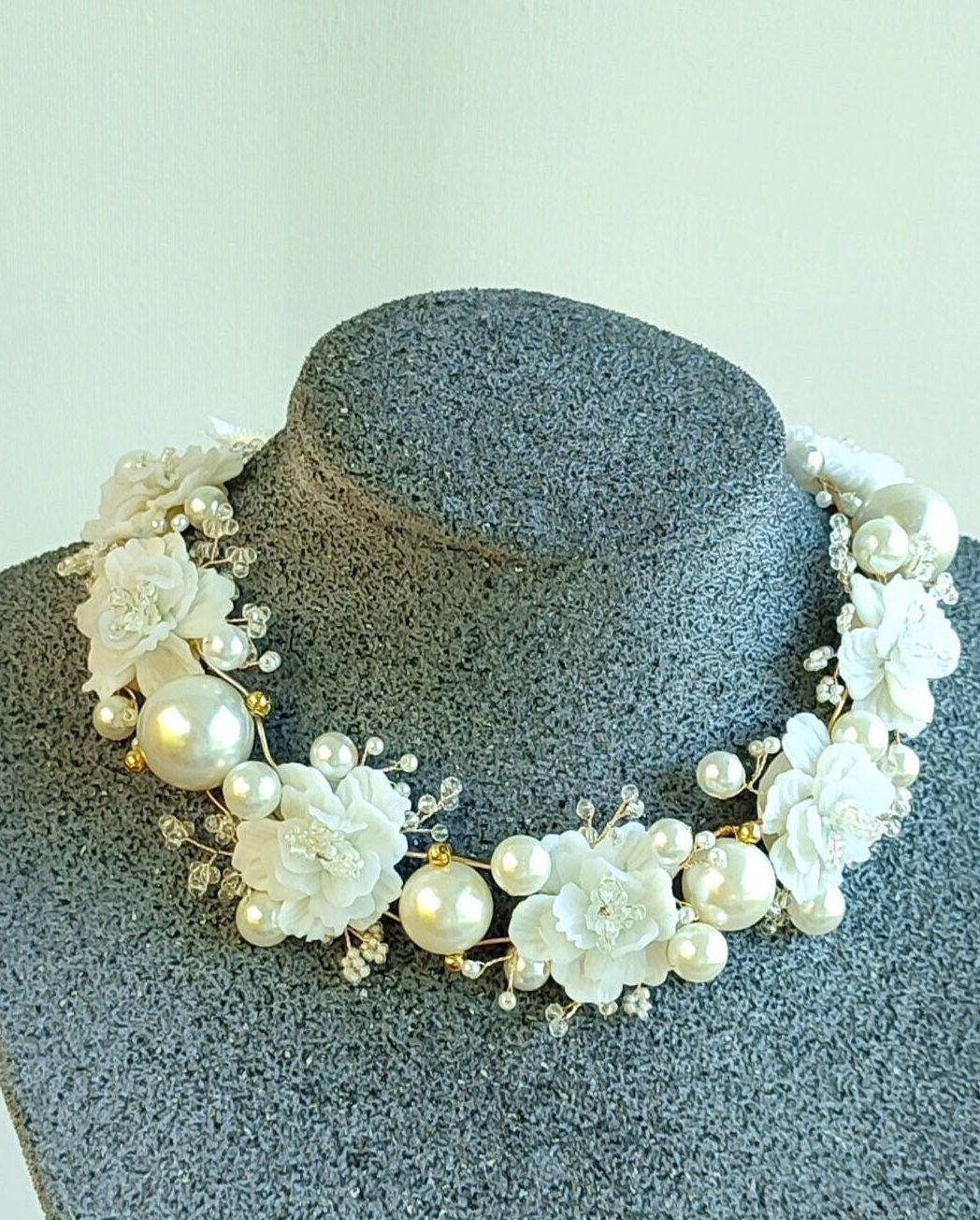 BRIDAL Statement Necklace; XL Necklace; Porcelain Flowers and Pearls Necklace; Bridal Jewellery; Gift for Bride;Gift for Her