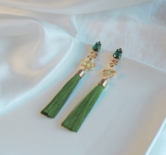 Tassel Statement Earrings; Dangle Earrings; Crystal Earrings; Gold Earrings; Party Earrings; Green Earrings; Gift for her