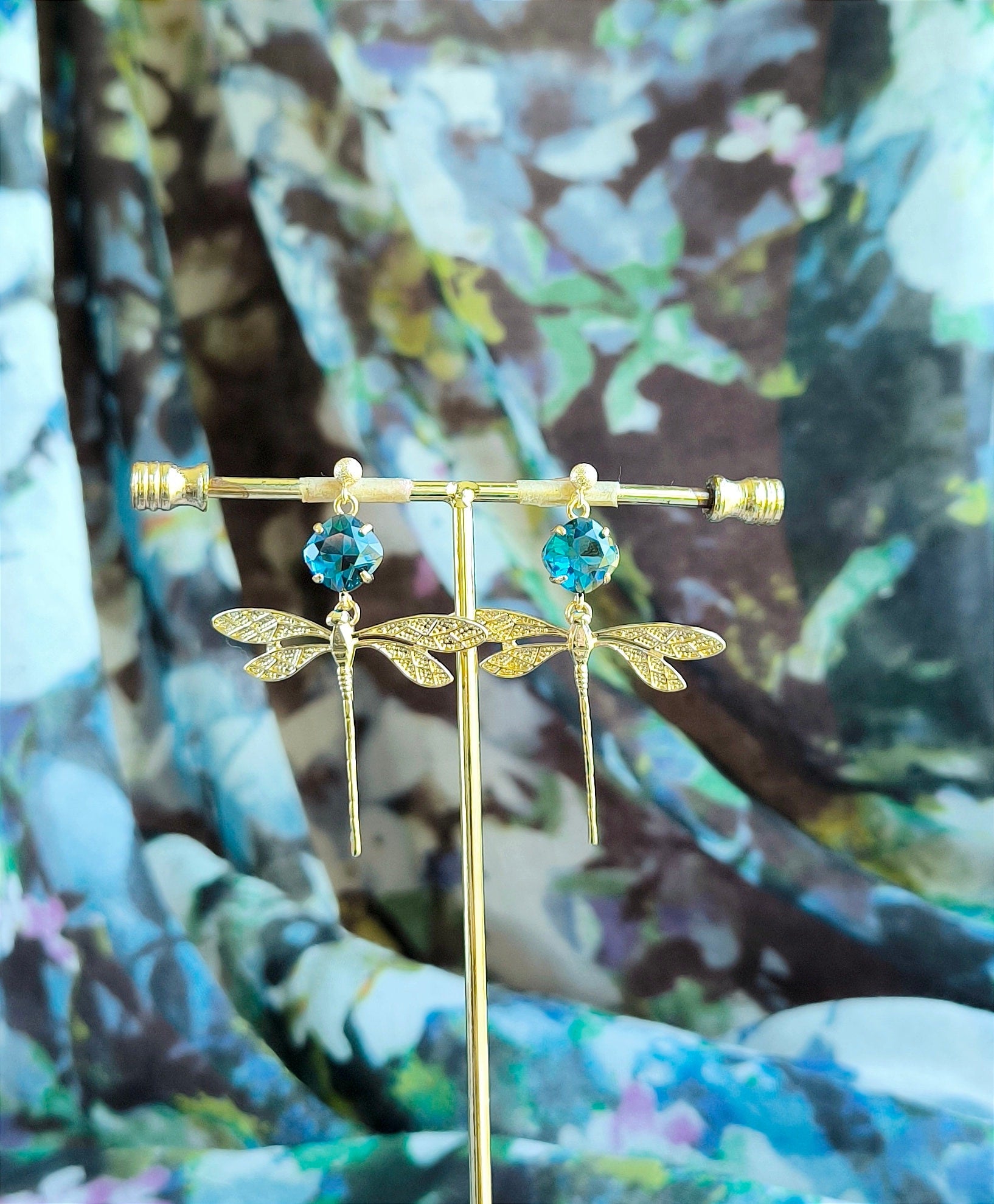 Statement Dangle Earrings; Party Earrings; Gold and Blue Stone Earrings; Dragonfly Earrings; Gift for her; Party and Wedding Guest Earrings;