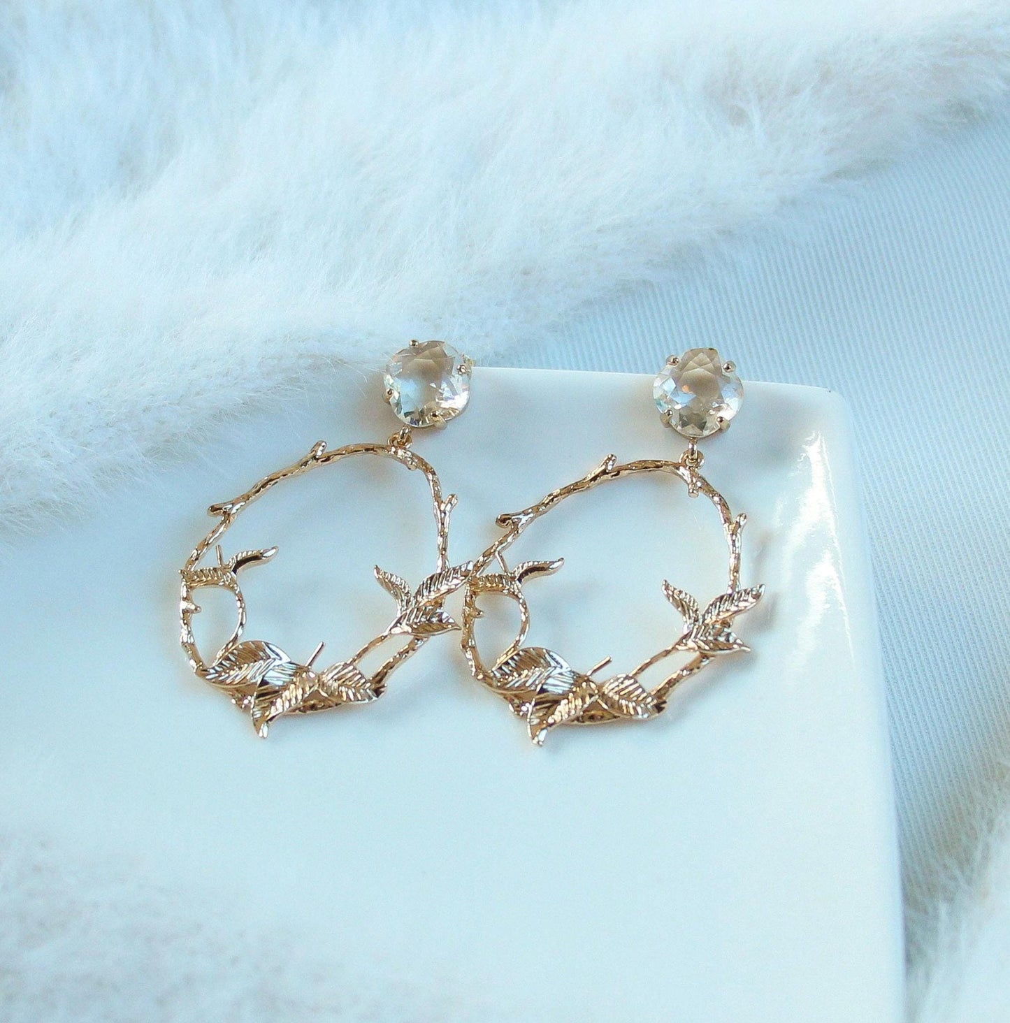 Gold Leaves Bridal Statement Dangle Earrings; Wedding Jewellery; Crystal Earrings; Gift for Bride; Gift for Her