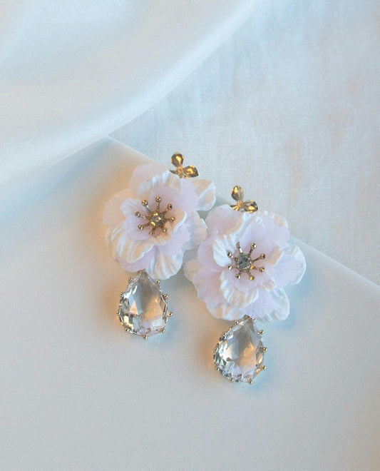 Bridal Statement Floral Earrings; Large white Flower Earrings; Wedding Jewellery; Crystal Earrings; Dangle Earrings; Gift for B;