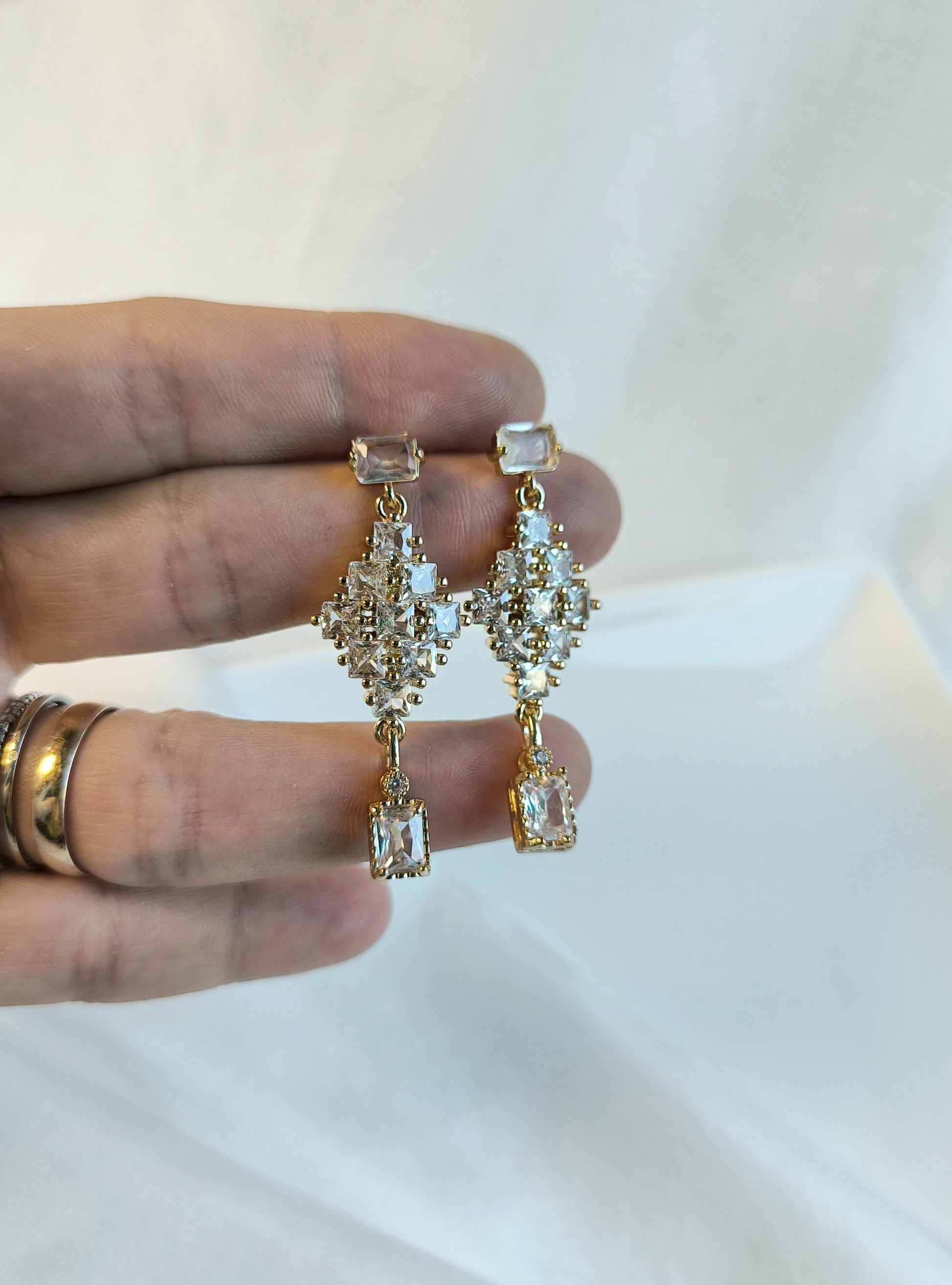 Gold & Crystal Bridal Statement Earrings; Wedding Earrings; Geometric Earrings; Dangle Earrings; Gift for Bride; Party Earrings