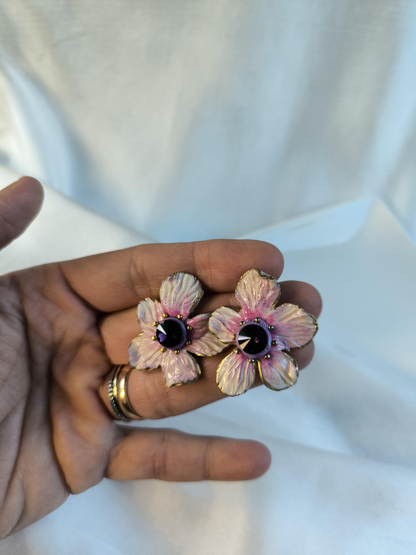 White & Purple Flower Earrings; Party Earrings; Purple Crystal Earrings; Porcelain Earrings; Floral Earrings; Gift for Her; Guest Earrings;
