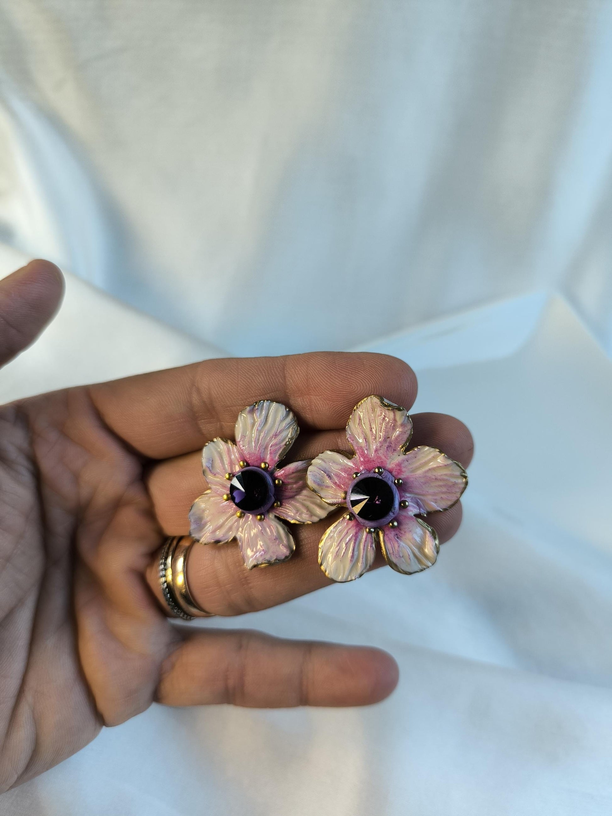 White & Purple Flower Earrings; Party Earrings; Purple Crystal Earrings; Porcelain Earrings; Floral Earrings; Gift for Her; Guest Earrings;